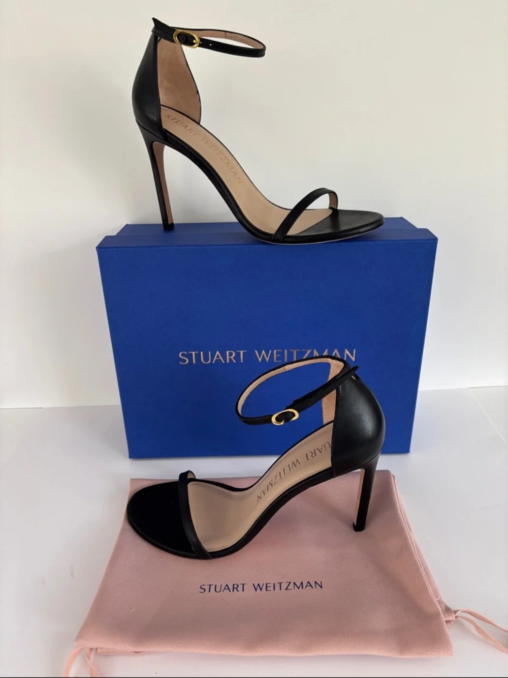 Stuart Weitzman Nudistsong Black Leather Ankle Strap Heels Size 9.5C